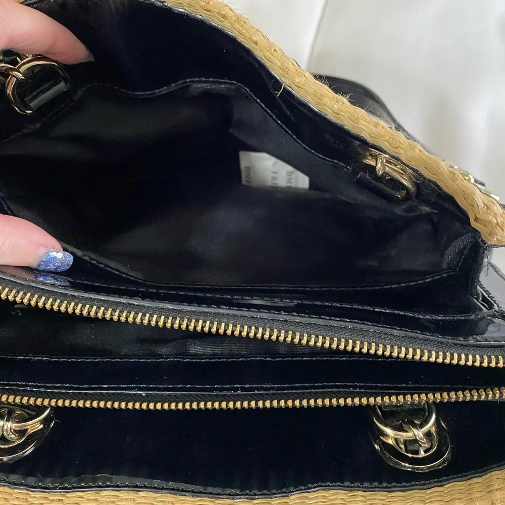 kate spade Black and Tan Striped Straw Tote with Black Bow